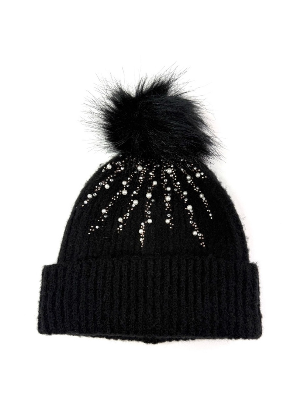 David and Young Black Pom Pom Rhinestone Pearl Soft Beanie Hat
